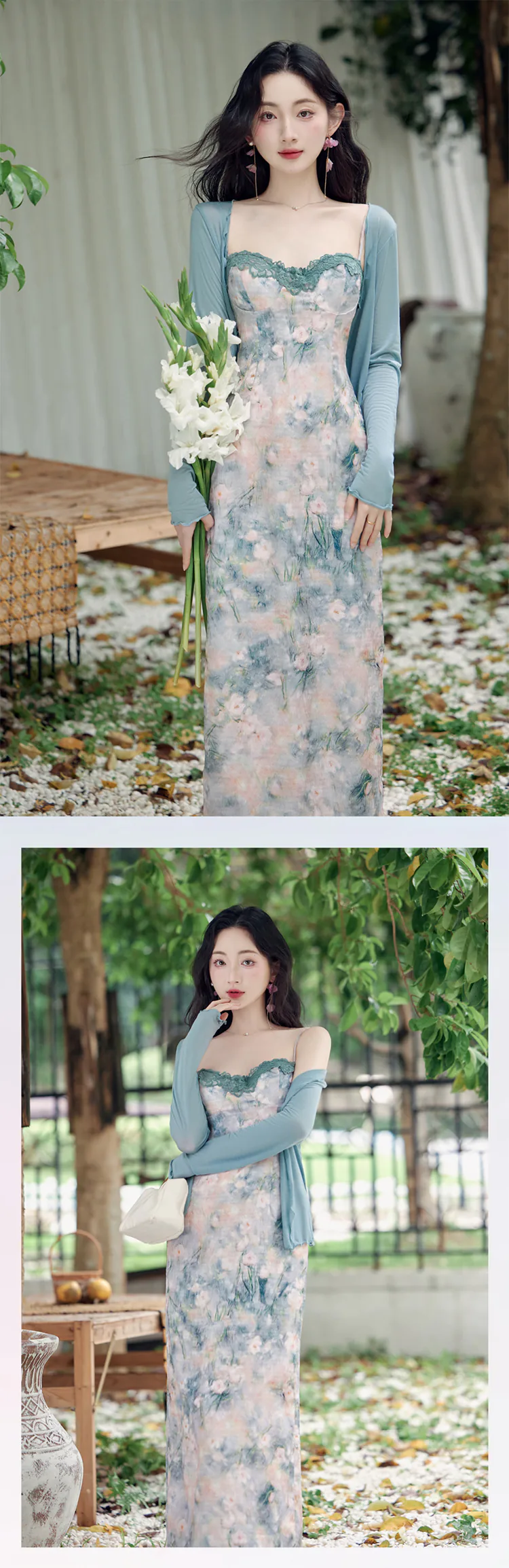 Sweet-Ladies-Green-Oil-Painting-Slip-Dress-with-Tencel-Cardigan-Set12