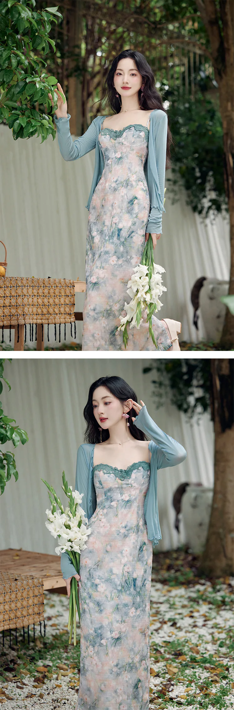 Sweet-Ladies-Green-Oil-Painting-Slip-Dress-with-Tencel-Cardigan-Set14