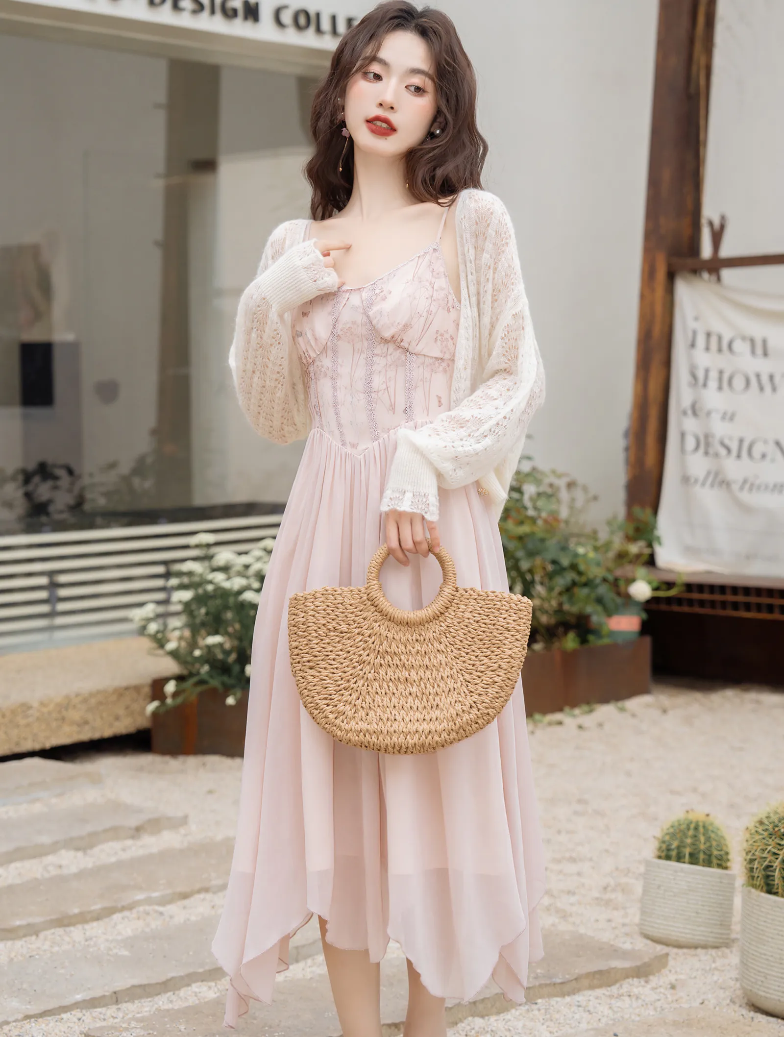 Sweet Pink Casual Slip Dress with Long Sleeve Sweater Cardigan01