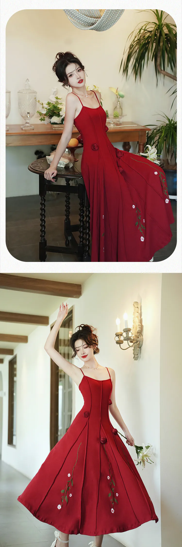 Sweet Rose Embroidery Red Slip Dress with Black Knit Cardigan 2-Piece Set (Size: S)