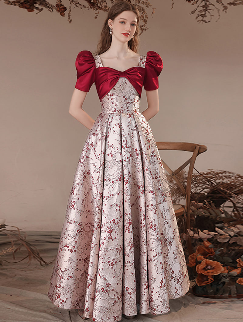 Sweet Short Sleeve Floral Printed Banquet Toast Prom Evening Dress01