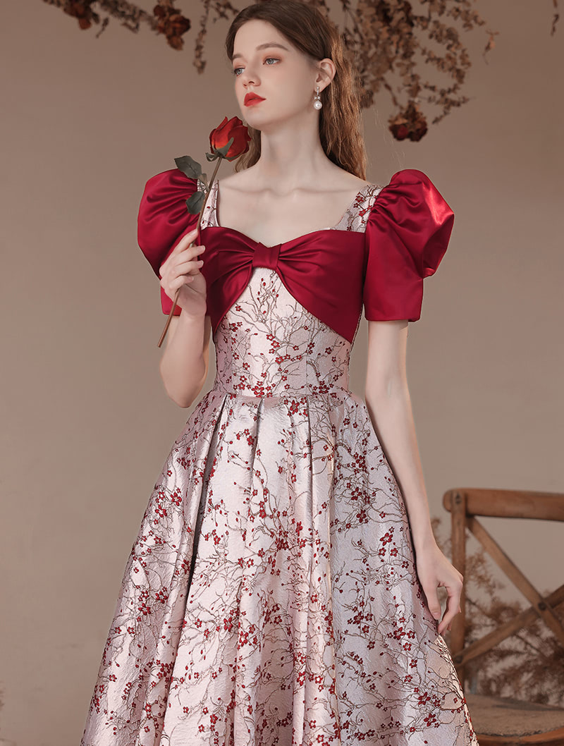 Sweet Short Sleeve Floral Printed Banquet Toast Prom Evening Dress02