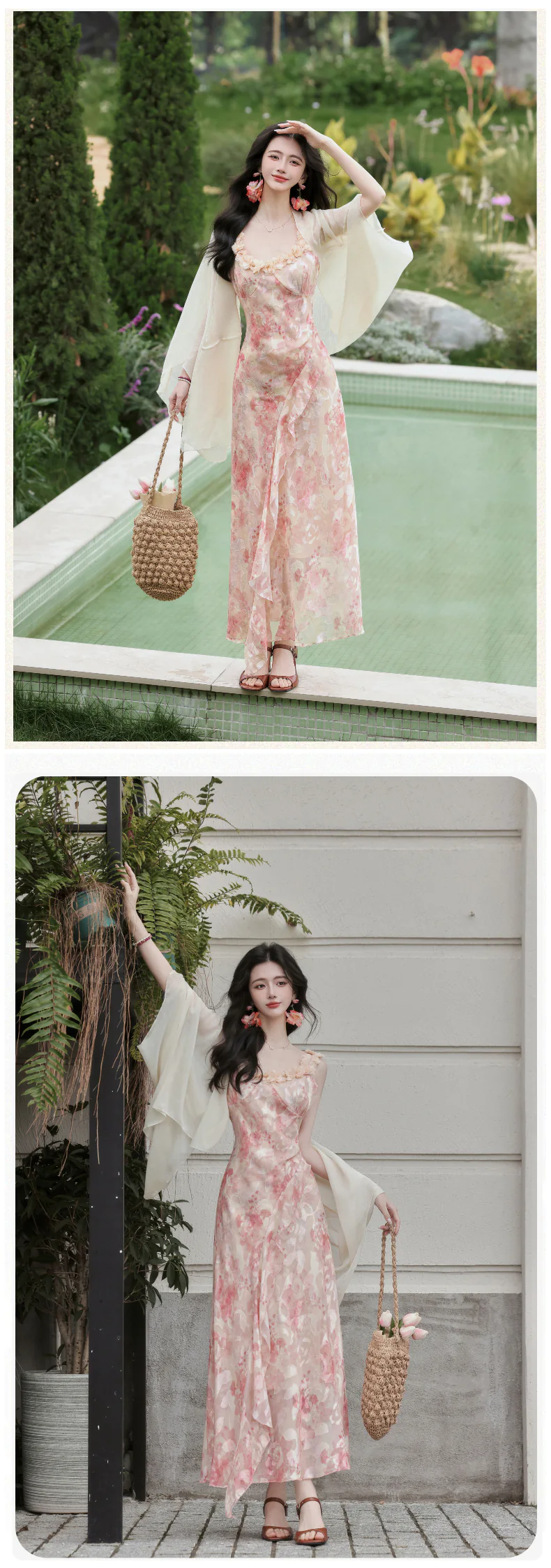 Sweetheart-Neckline-Pink-Floral-Print-Slip-Dress-with-Sheer-Cardigan-Shrug15