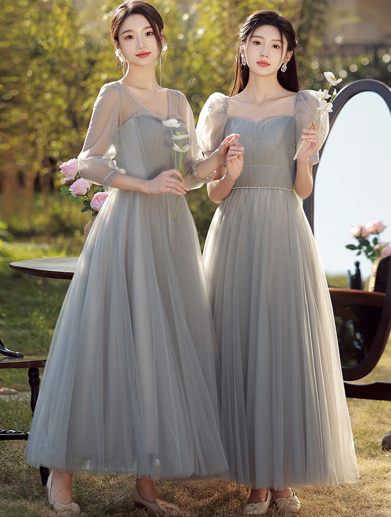 Trendy Simple Gray Tulle Long Summer Bridesmaid Dress with Sleeves01