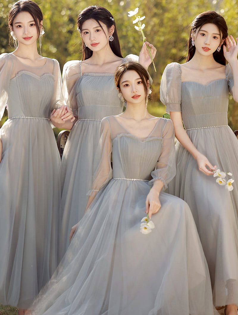 Trendy Simple Gray Tulle Long Summer Bridesmaid Dress with Sleeves02