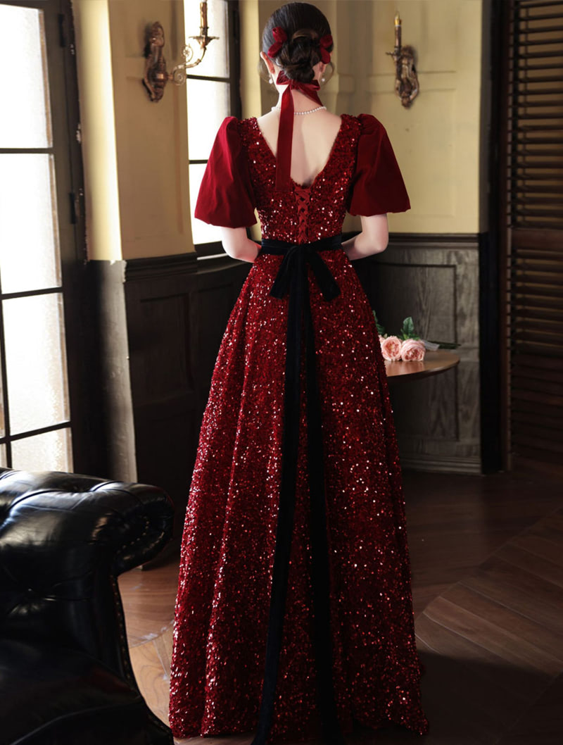 Unique V Neck Sequin Burgundy Plus Size Long Formal Dress05