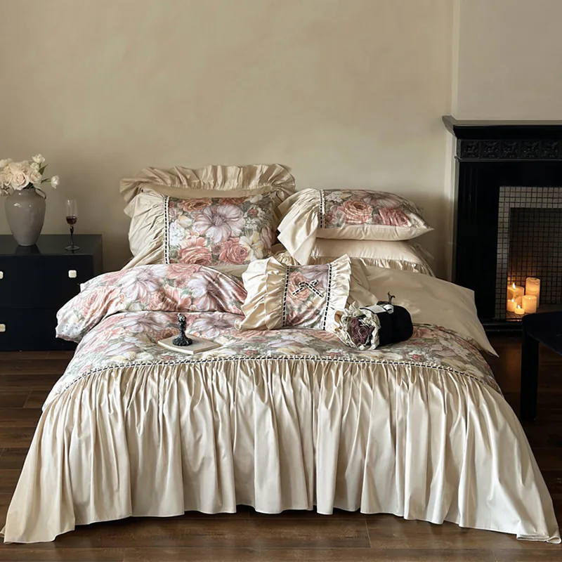 Vintage Aesthetic Oil Painting Ruffle Edge Bedding Set Queen King Size01