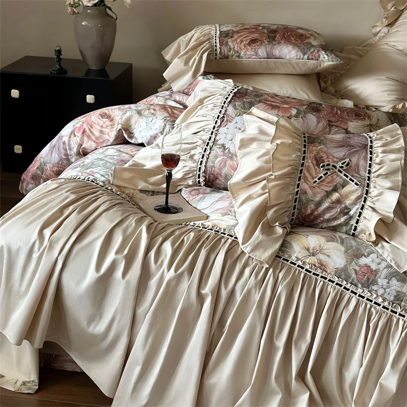 Vintage Aesthetic Oil Painting Ruffle Edge Bedding Set Queen King Size02