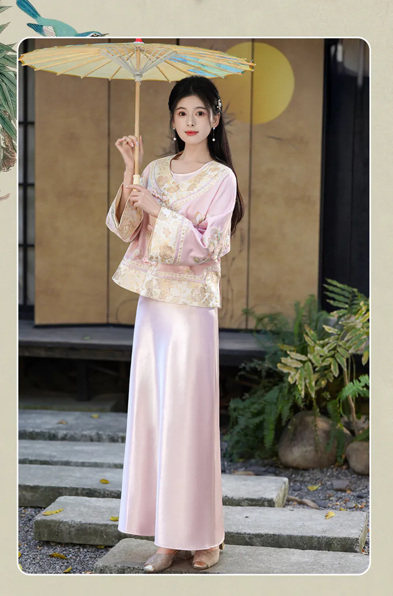 Vintage-Chinese-Pink-Jacquard-Floral-Embroidery-Top-Satin-Slip-Dress-Set07