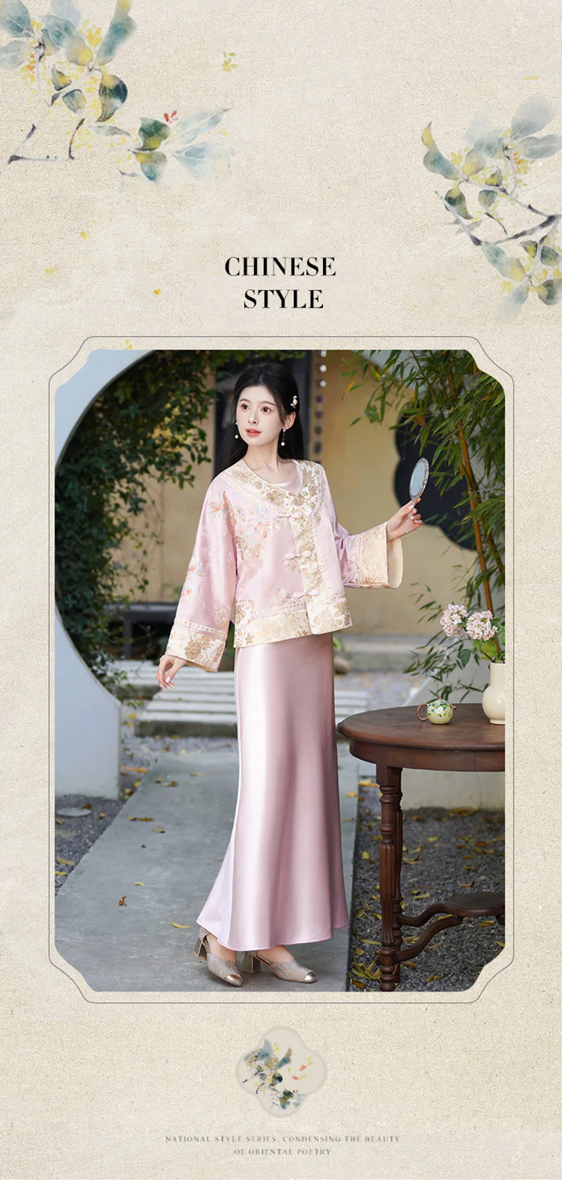 Vintage-Chinese-Pink-Jacquard-Floral-Embroidery-Top-Satin-Slip-Dress-Set08