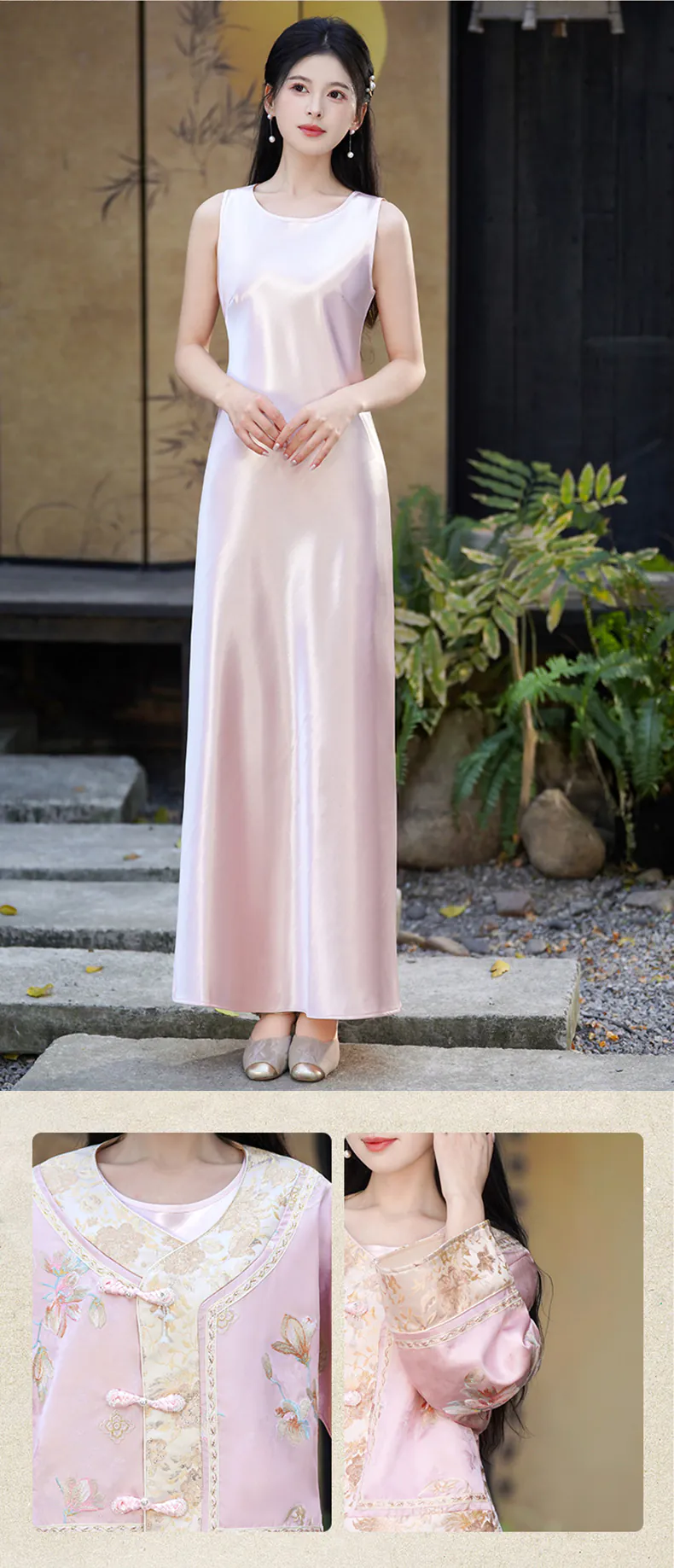 Vintage-Chinese-Pink-Jacquard-Floral-Embroidery-Top-Satin-Slip-Dress-Set09