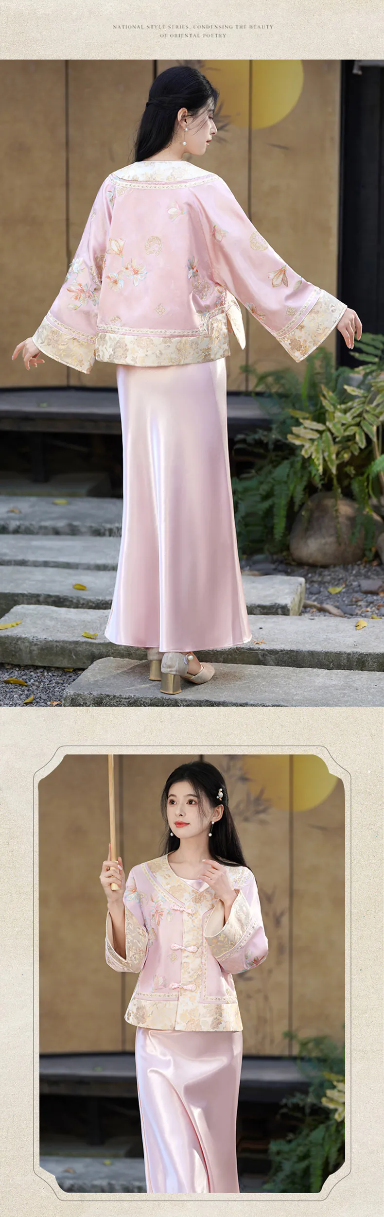Vintage-Chinese-Pink-Jacquard-Floral-Embroidery-Top-Satin-Slip-Dress-Set10