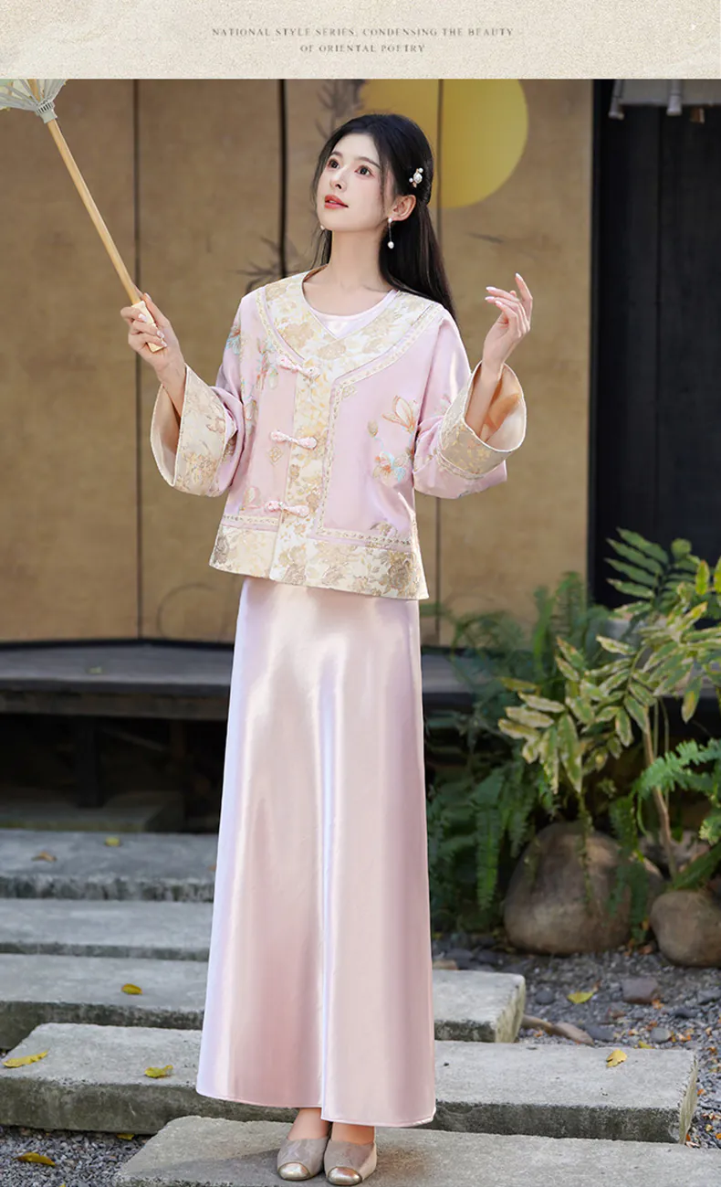 Vintage-Chinese-Pink-Jacquard-Floral-Embroidery-Top-Satin-Slip-Dress-Set11
