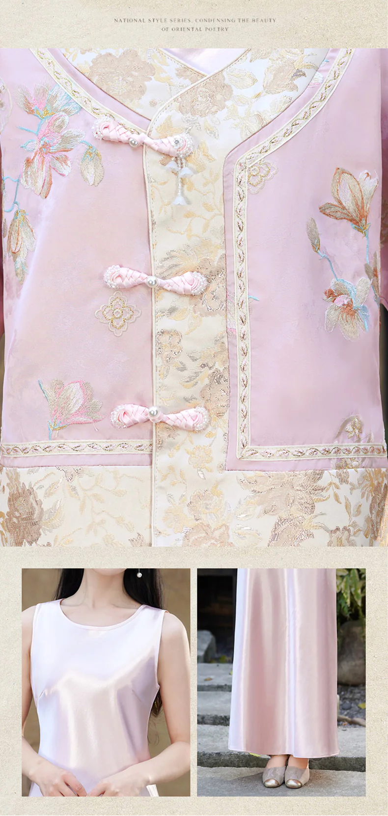 Vintage-Chinese-Pink-Jacquard-Floral-Embroidery-Top-Satin-Slip-Dress-Set12
