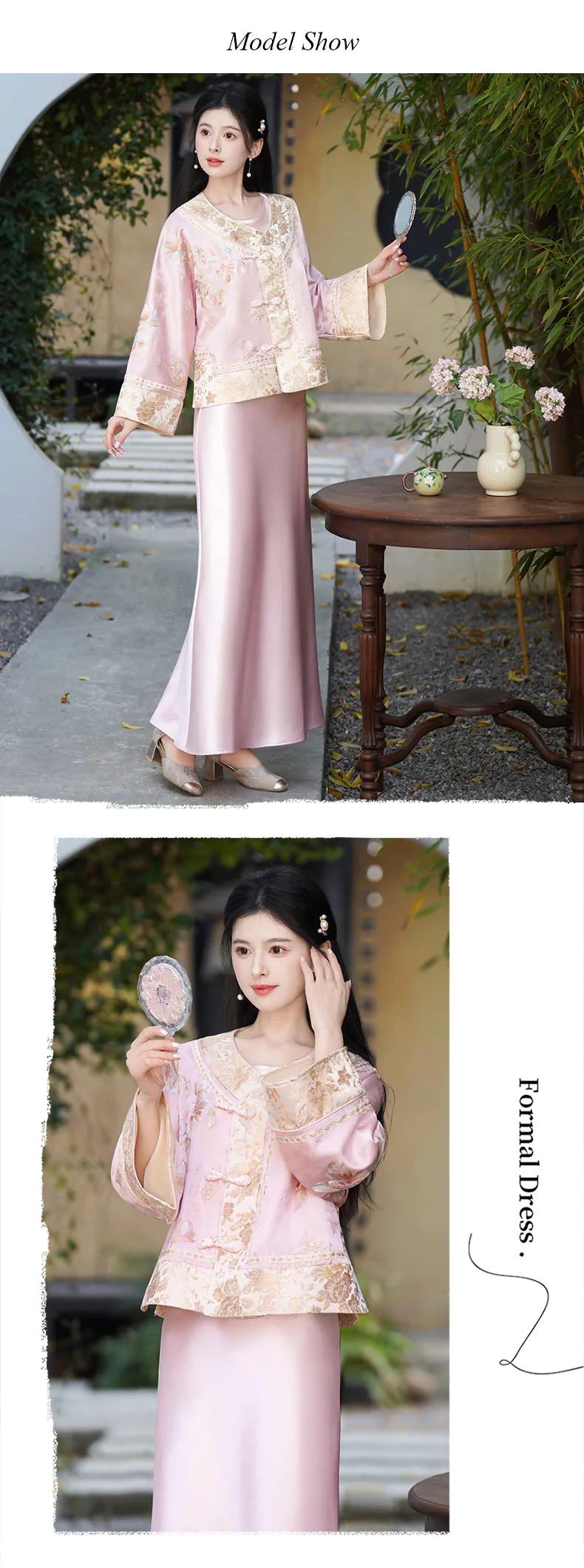 Vintage-Chinese-Pink-Jacquard-Floral-Embroidery-Top-Satin-Slip-Dress-Set13