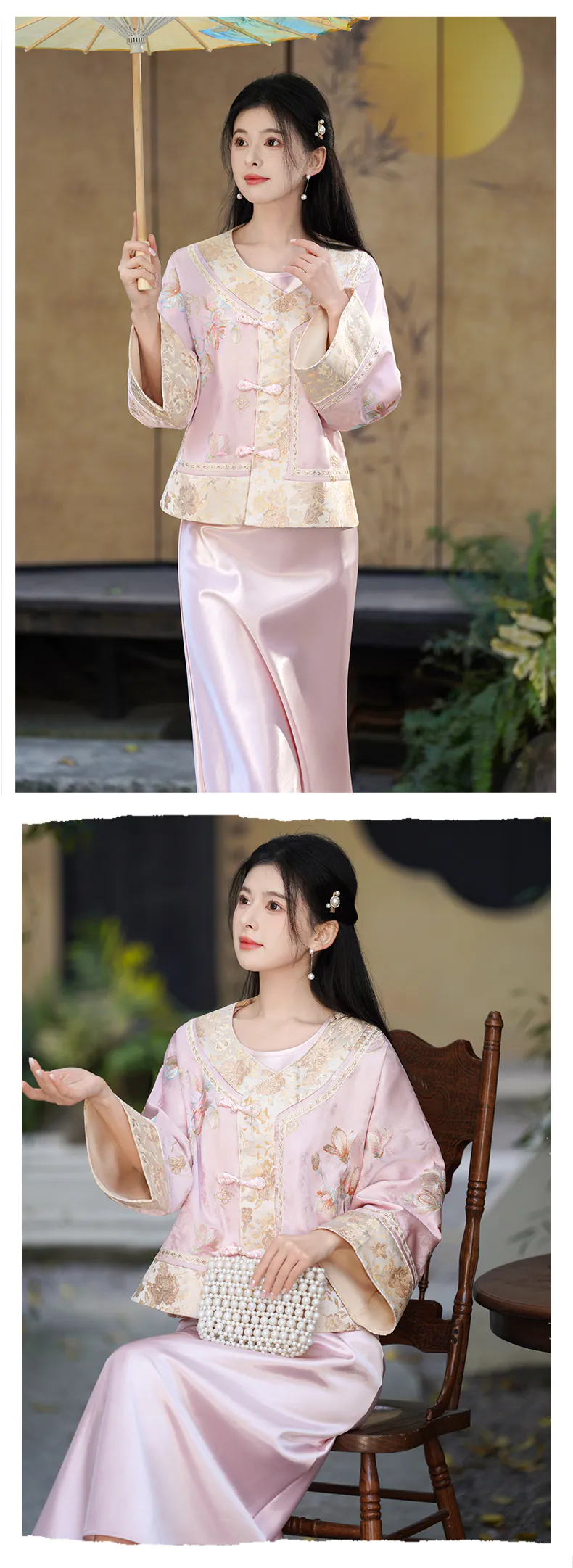 Vintage-Chinese-Pink-Jacquard-Floral-Embroidery-Top-Satin-Slip-Dress-Set14