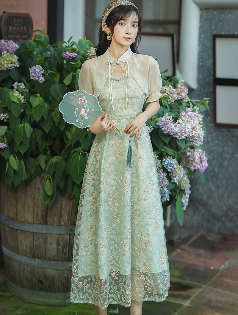 Vintage Light Green Embroidery Casual Flower Dress Summer Outfit01