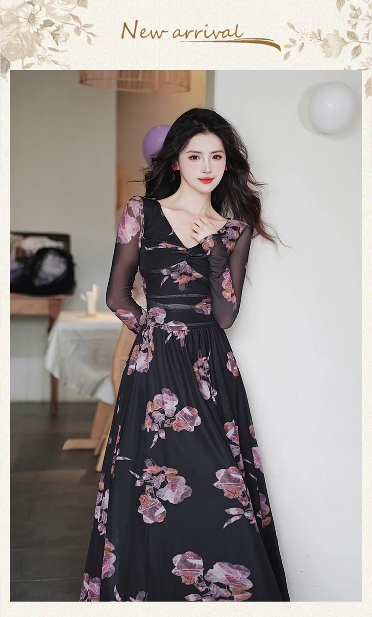 Vintage-V-Neck-Floral-Long-Sleeve-Black-Chiffon-Flowy-Summer-Casual-Dress07