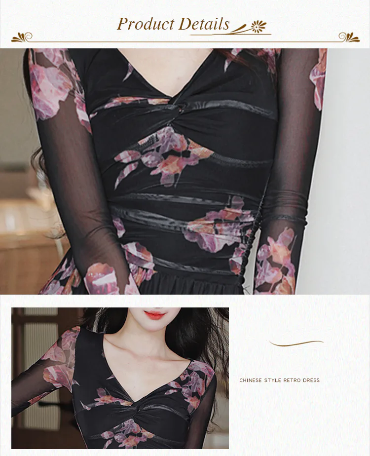 Vintage-V-Neck-Floral-Long-Sleeve-Black-Chiffon-Flowy-Summer-Casual-Dress08