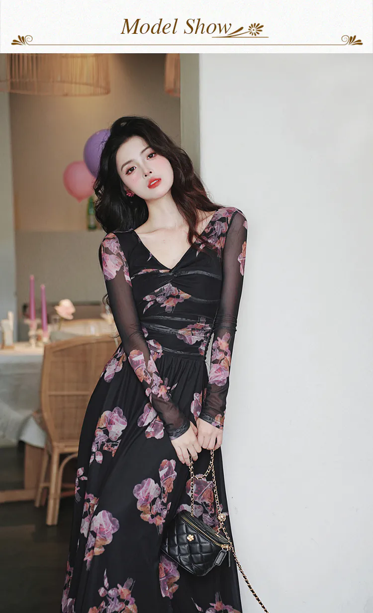 Vintage-V-Neck-Floral-Long-Sleeve-Black-Chiffon-Flowy-Summer-Casual-Dress10