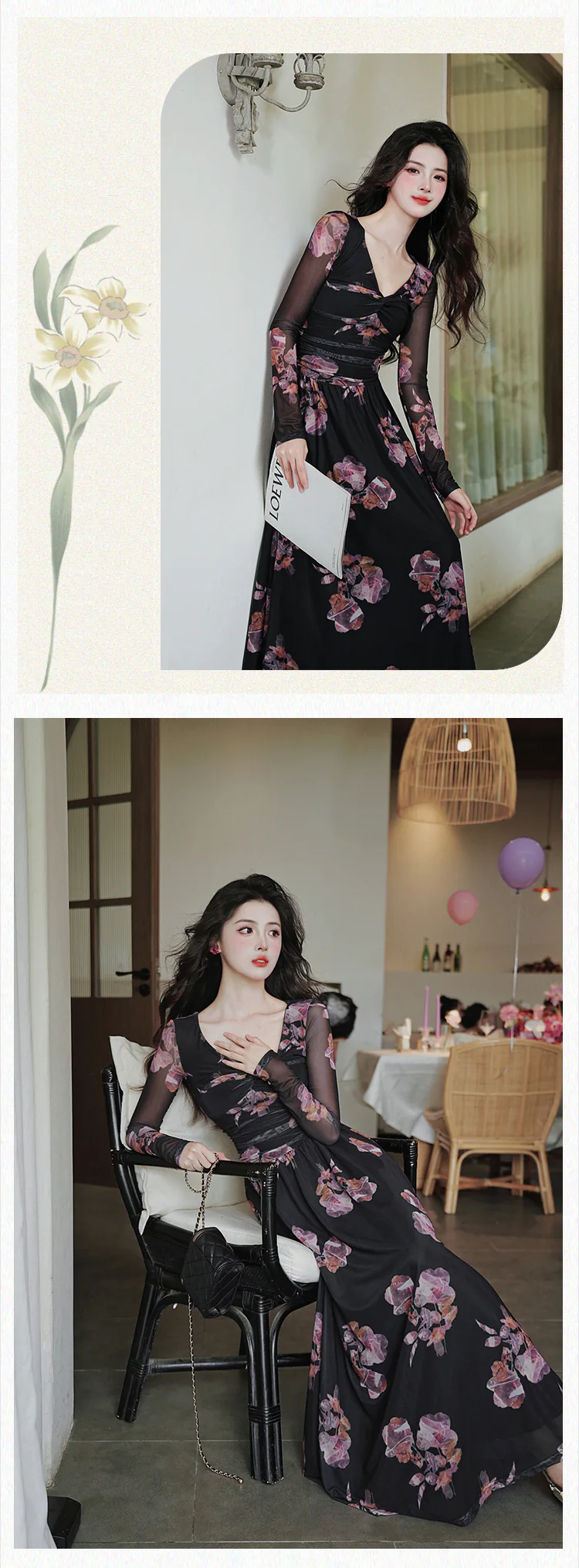 Vintage-V-Neck-Floral-Long-Sleeve-Black-Chiffon-Flowy-Summer-Casual-Dress11