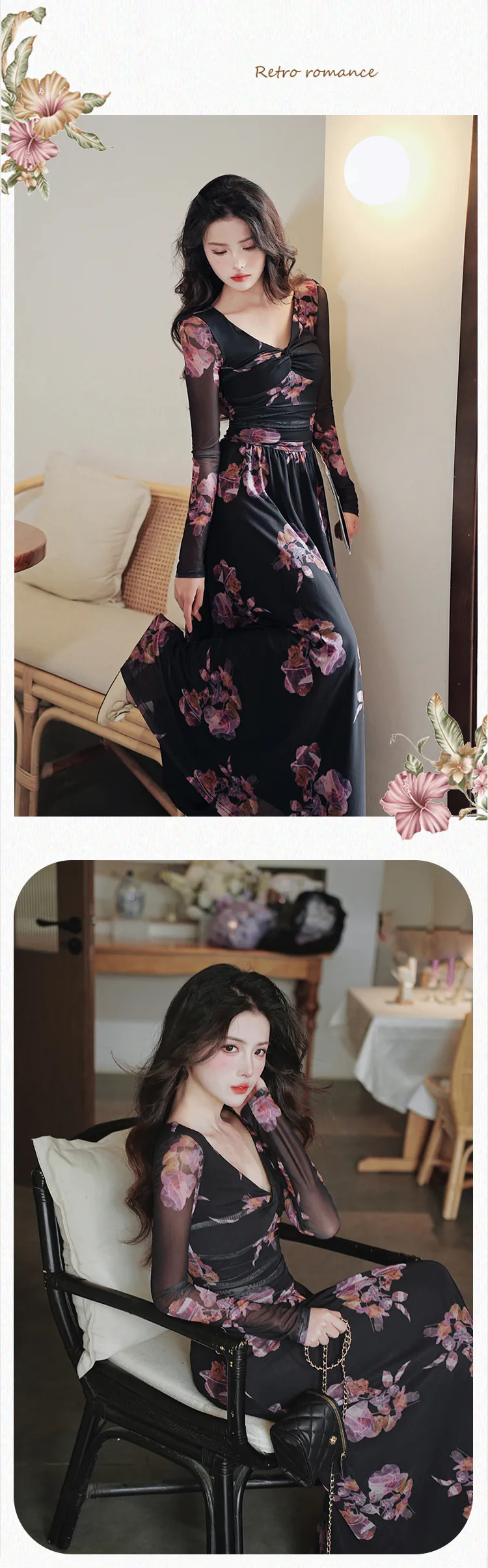 Vintage-V-Neck-Floral-Long-Sleeve-Black-Chiffon-Flowy-Summer-Casual-Dress12