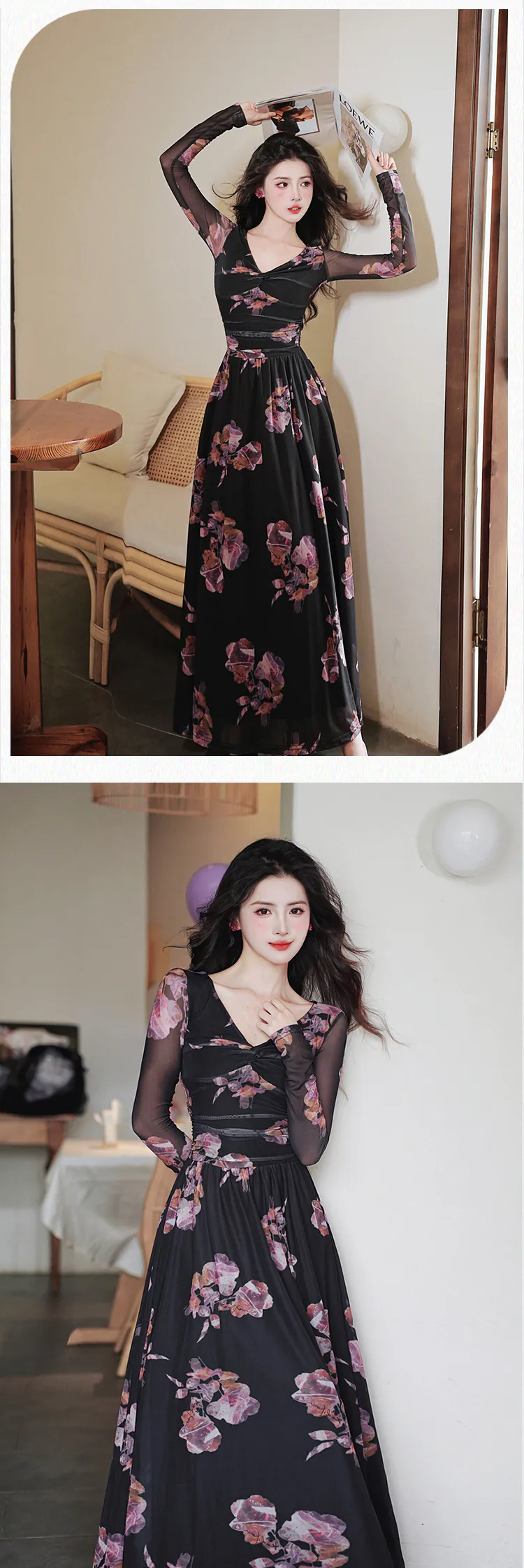 Vintage-V-Neck-Floral-Long-Sleeve-Black-Chiffon-Flowy-Summer-Casual-Dress13