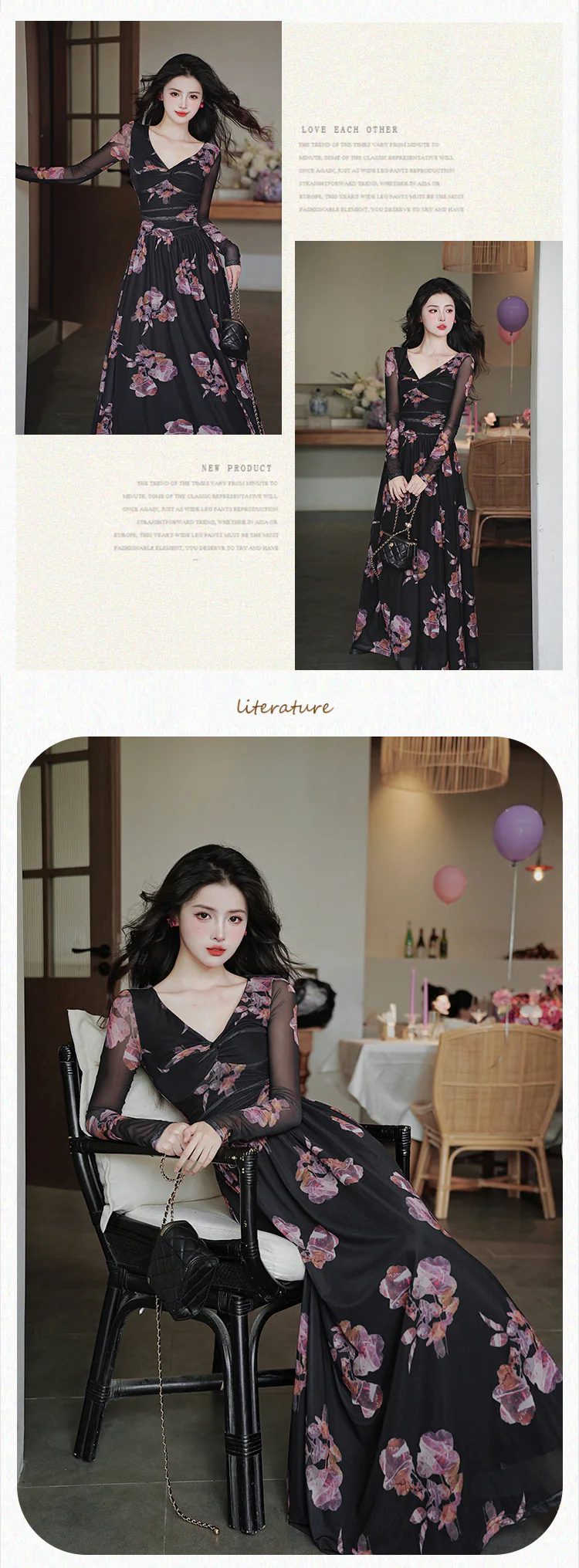 Vintage-V-Neck-Floral-Long-Sleeve-Black-Chiffon-Flowy-Summer-Casual-Dress14