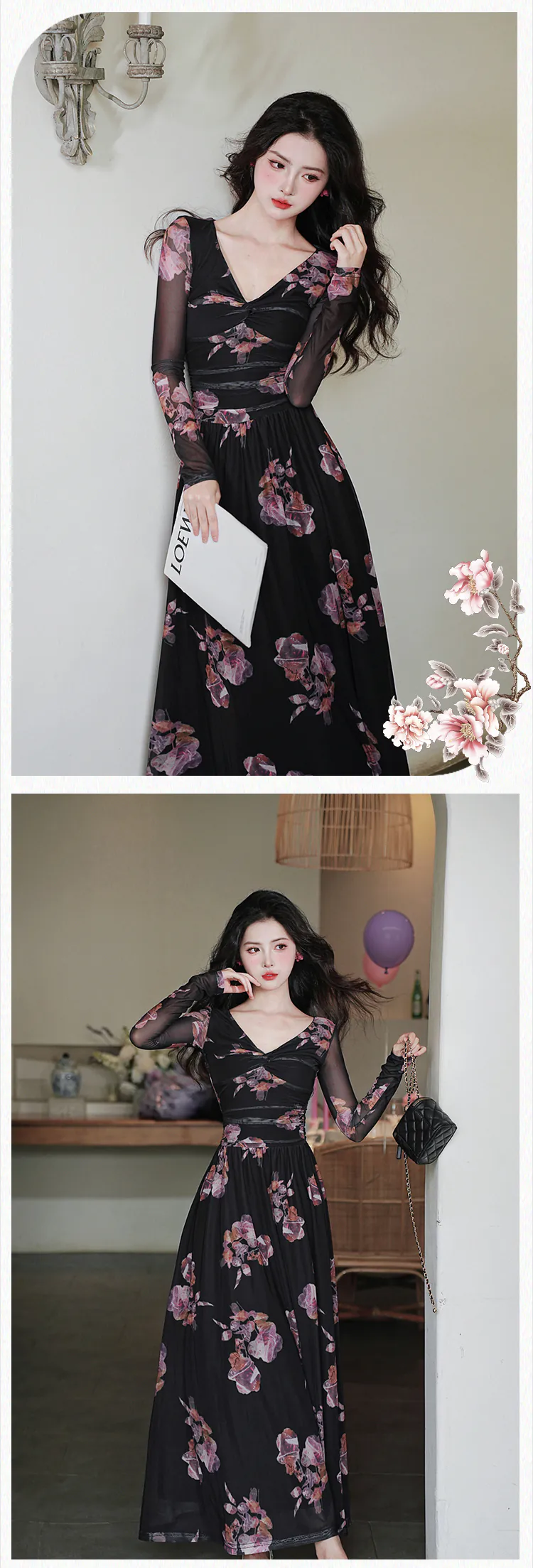 Vintage-V-Neck-Floral-Long-Sleeve-Black-Chiffon-Flowy-Summer-Casual-Dress15