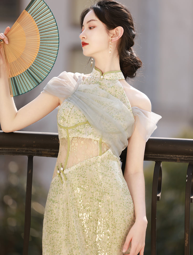Women's Modern Cheongsam Short Sleeve Bodycon Qipao Maxi Dress02
