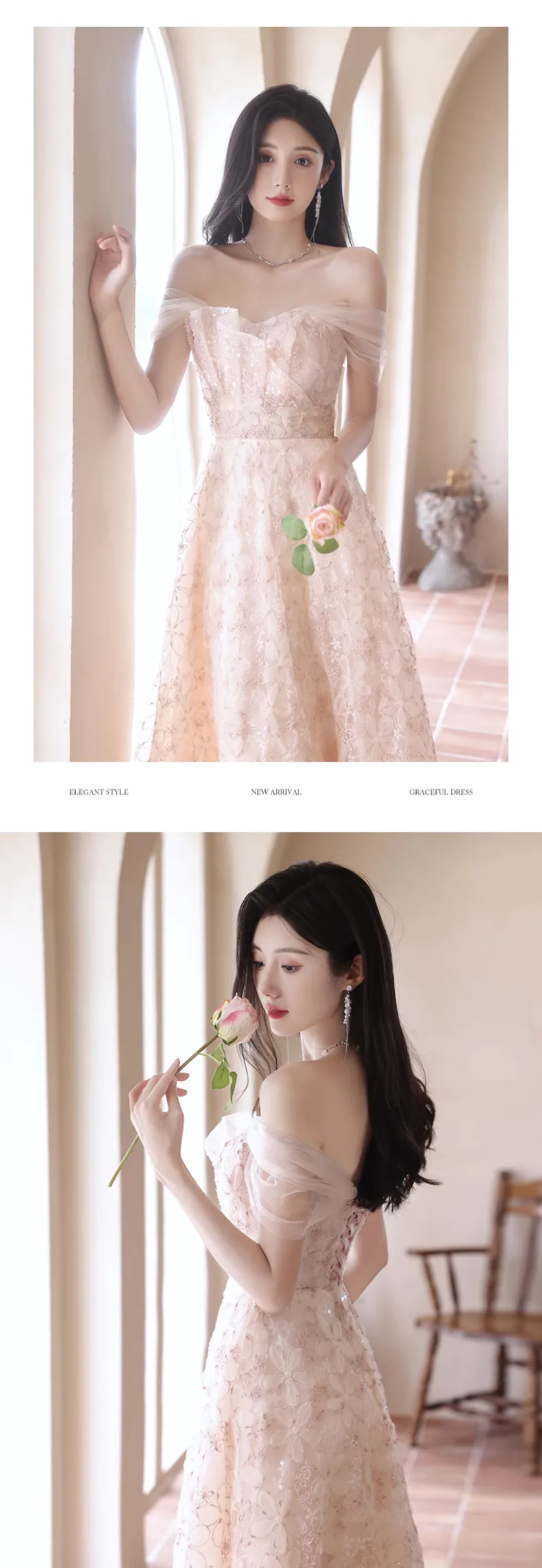 A-Line-French-Style-Off-the-Shoulder-Floral-Pink-Prom-Party-Dress14
