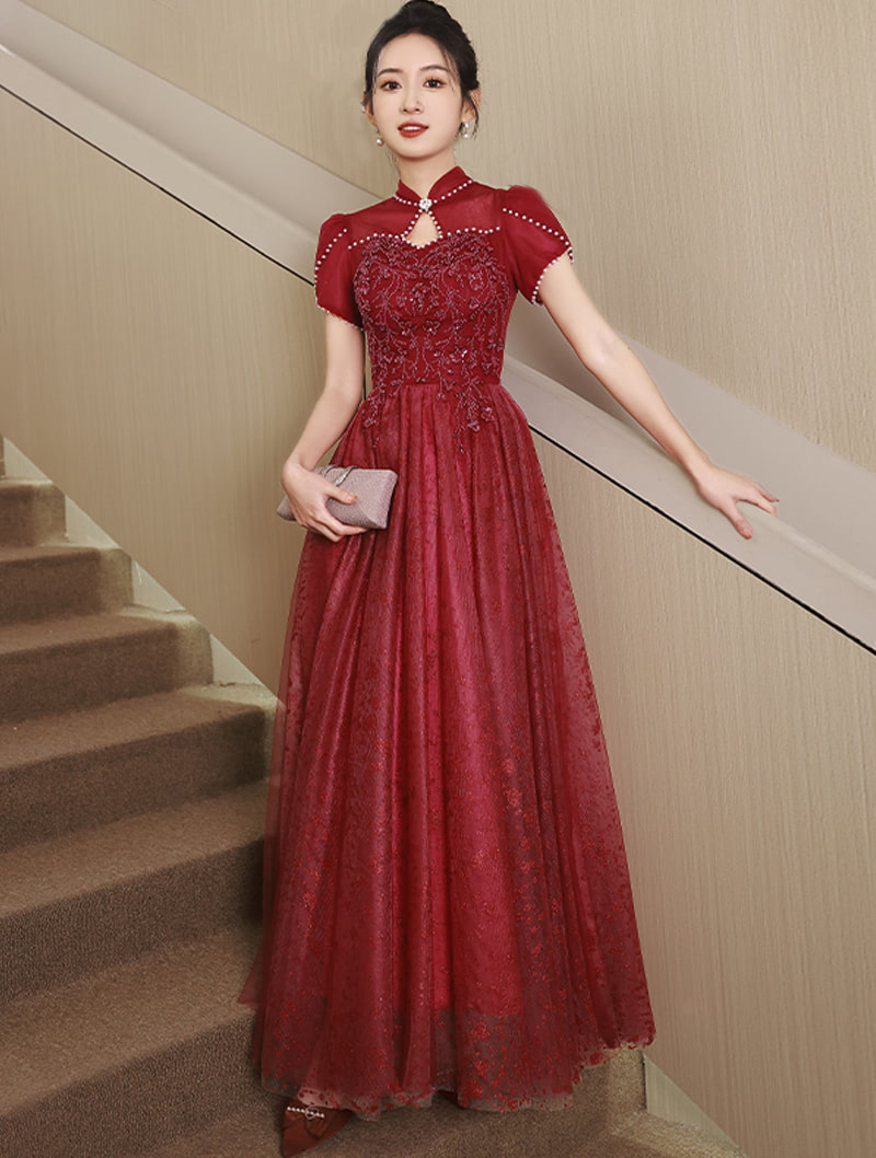 A Line Stand Collar Wine Red Wedding Cocktail Prom Long Dress01