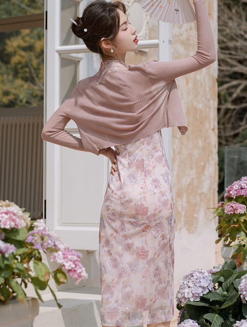Aesthetic Cold Shoulder Modern Qipao Dress Knit Shirt Suit05