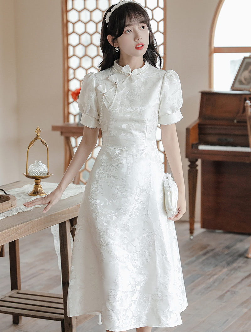 Aesthetic White Jacquard Modern Bow Casual Qipao Midi Dress01