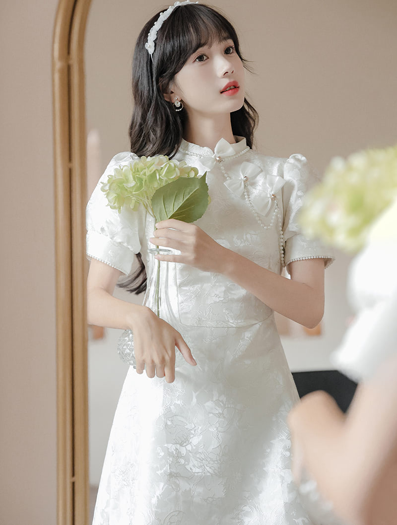 Aesthetic White Jacquard Modern Bow Casual Qipao Midi Dress02