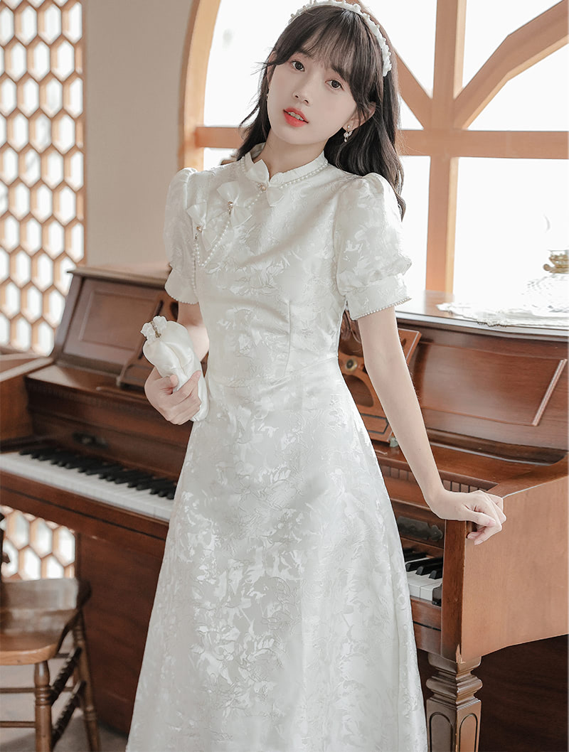 Aesthetic White Jacquard Modern Bow Casual Qipao Midi Dress01