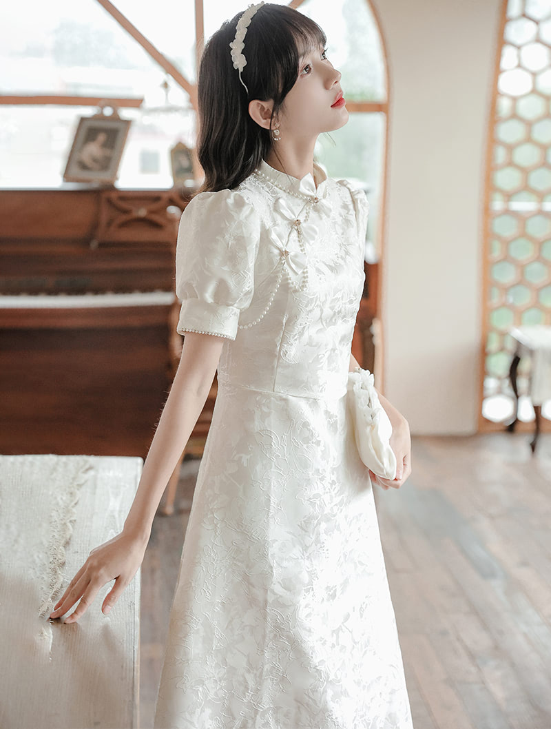Aesthetic White Jacquard Modern Bow Casual Qipao Midi Dress05
