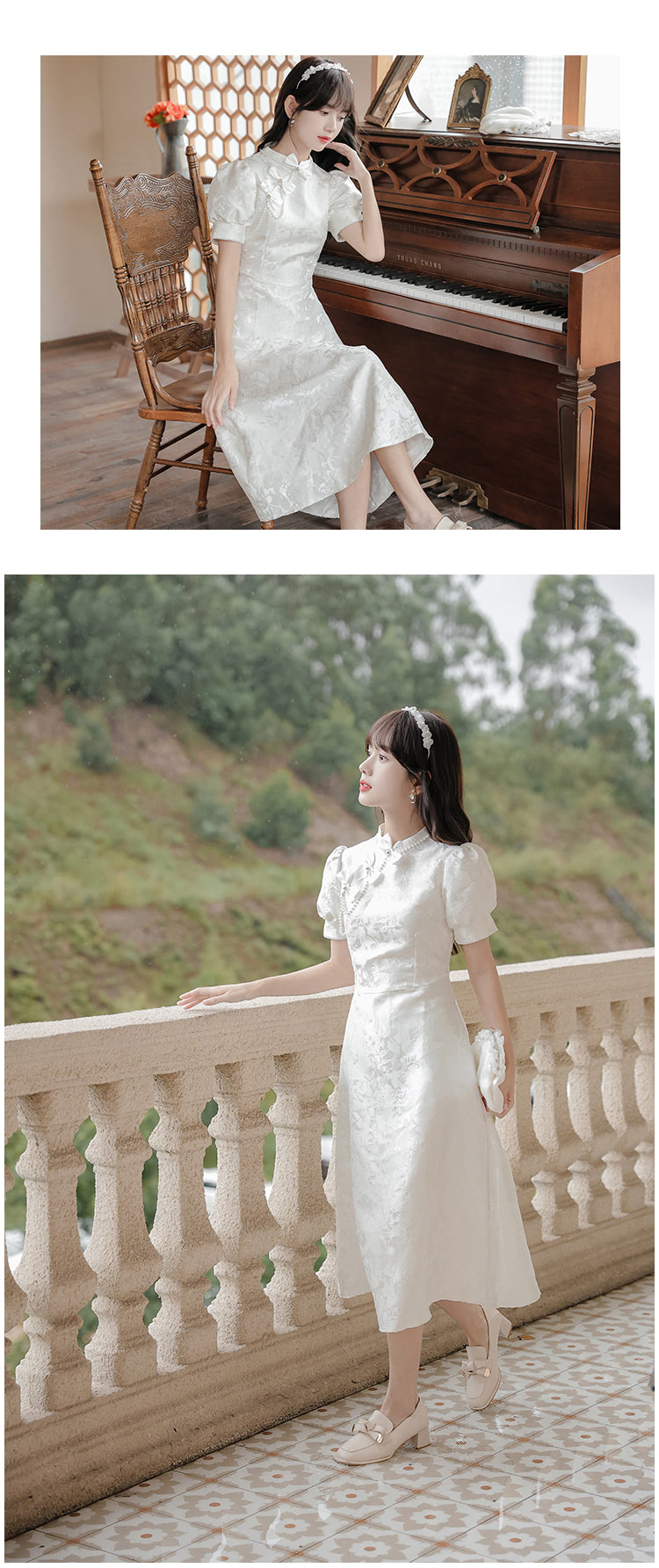Aesthetic-White-Jacquard-Modern-Bow-Casual-Qipao-Midi-Dress08