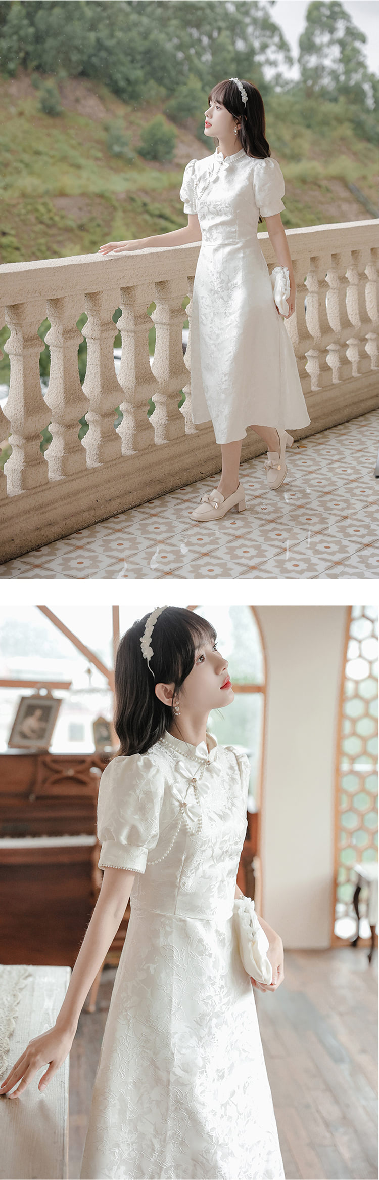 Aesthetic-White-Jacquard-Modern-Bow-Casual-Qipao-Midi-Dress14