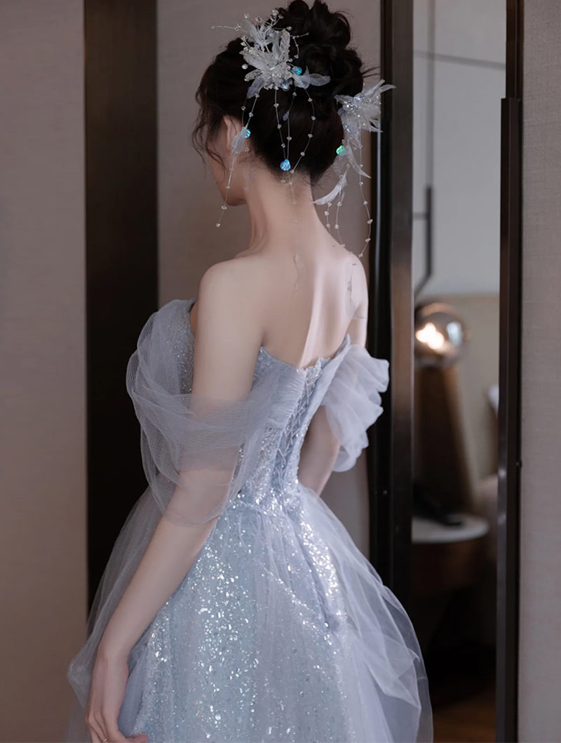 Beautiful Fairy Off Shoulder Light Blue Tulle Prom Formal Long Dress01