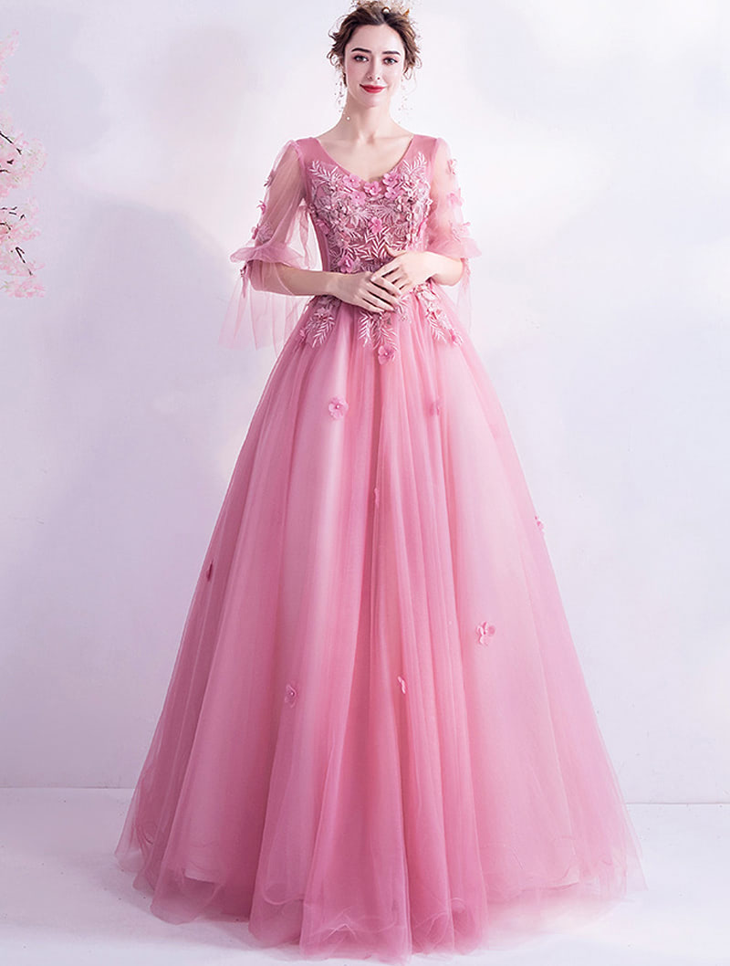 Beautiful Pink Flower Embroidery Prom Long Dress with Tulle Sleeves01