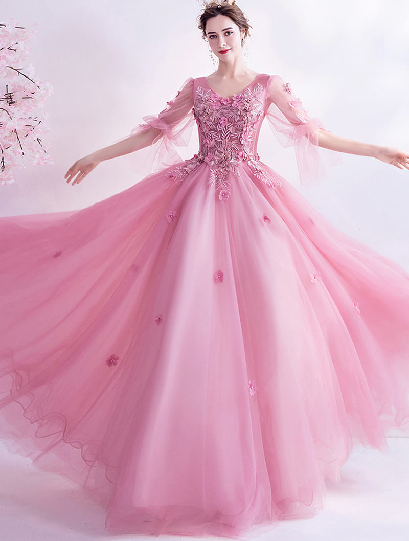Beautiful Pink Flower Embroidery Prom Long Dress with Tulle Sleeves02