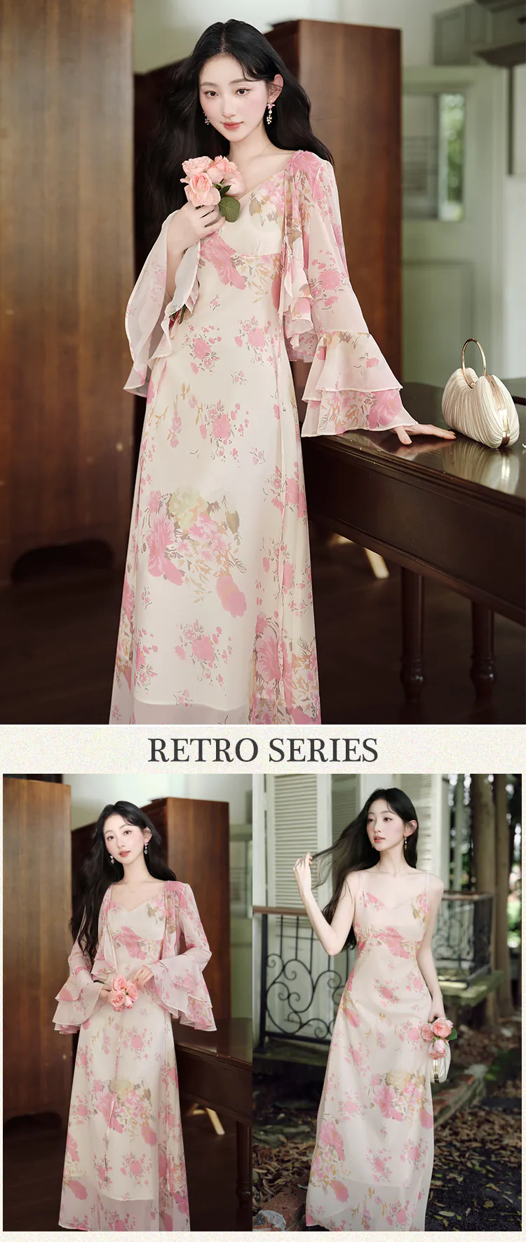Charming-Pink-Floral-Print-Slip-Dress-with-V-Neck-Bell-Sleeve-Top-2-Piece-Set07