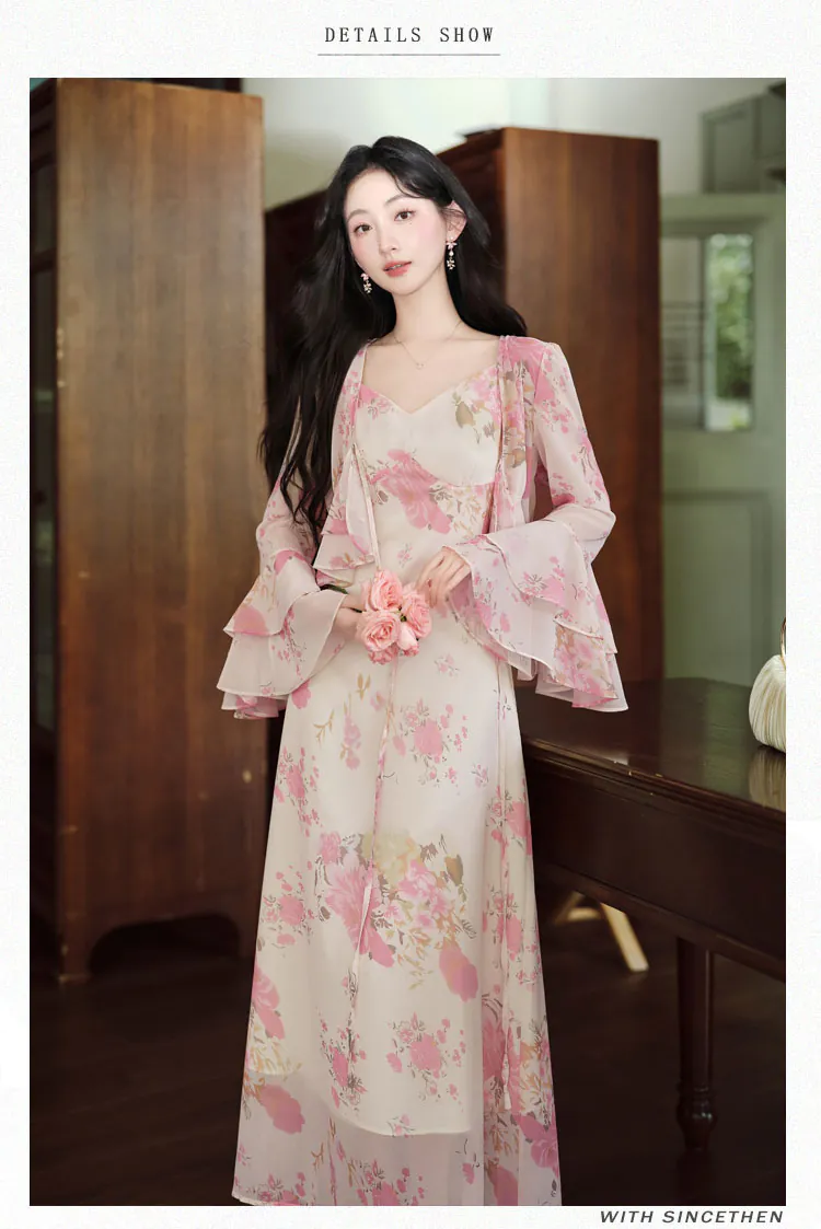 Charming-Pink-Floral-Print-Slip-Dress-with-V-Neck-Bell-Sleeve-Top-2-Piece-Set09