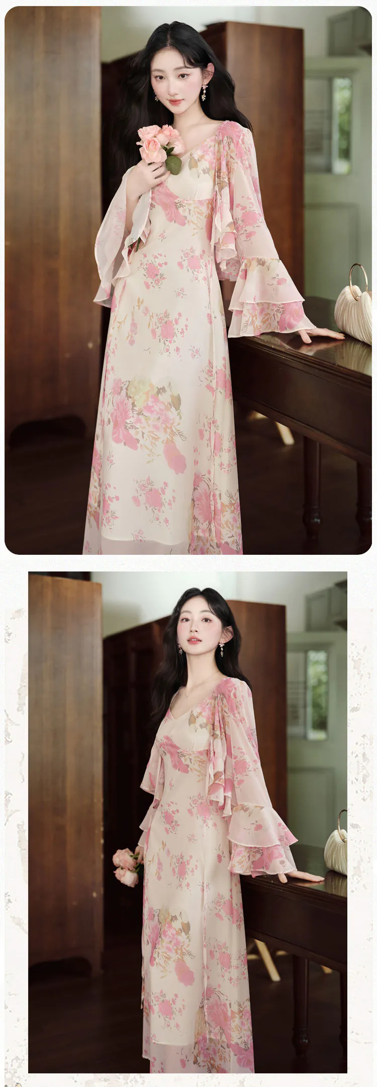 Charming-Pink-Floral-Print-Slip-Dress-with-V-Neck-Bell-Sleeve-Top-2-Piece-Set10