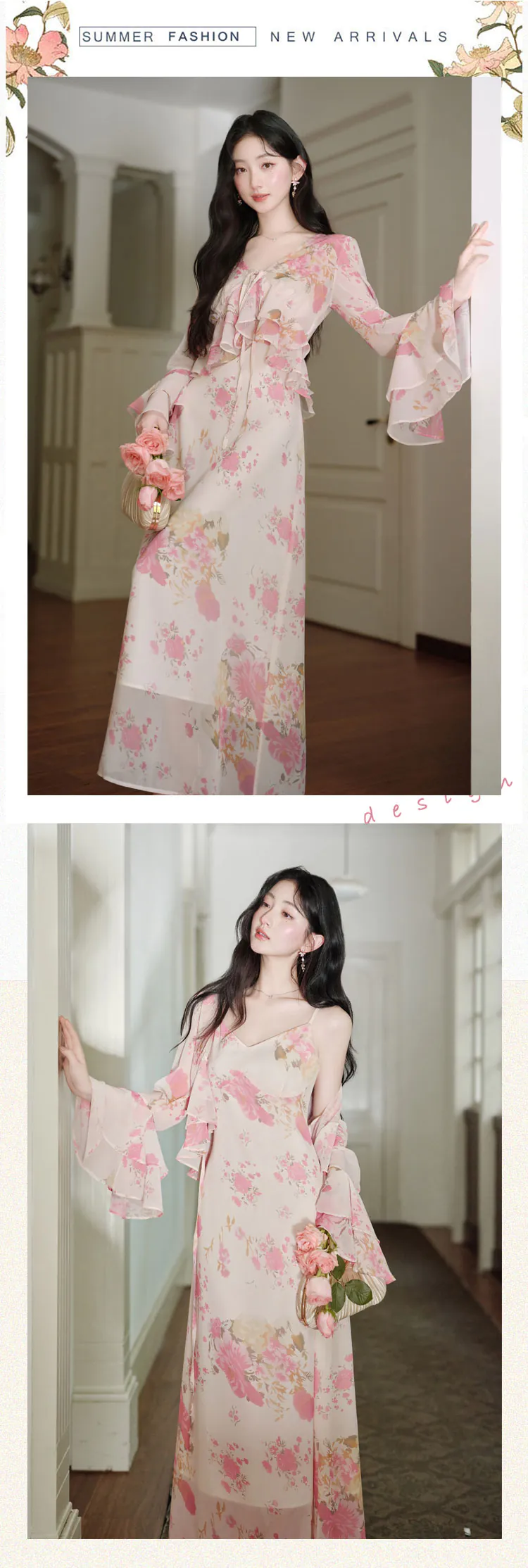 Charming-Pink-Floral-Print-Slip-Dress-with-V-Neck-Bell-Sleeve-Top-2-Piece-Set11
