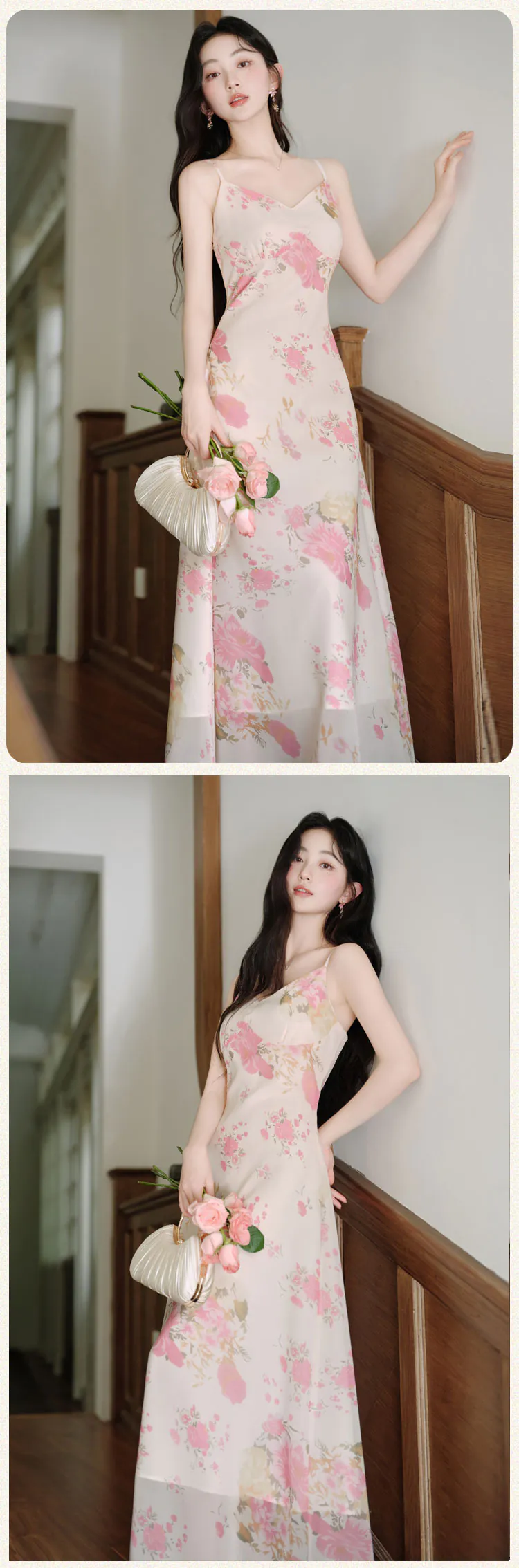 Charming-Pink-Floral-Print-Slip-Dress-with-V-Neck-Bell-Sleeve-Top-2-Piece-Set13