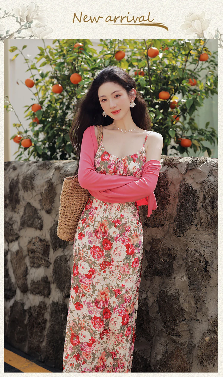 Chic-Boho-Vintage-Floral-Casual-Strap-Maxi-Dress-with-Pink-Cardigan-Set07
