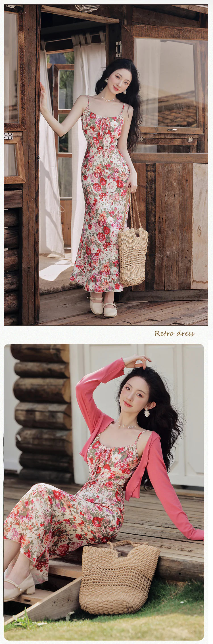 Chic-Boho-Vintage-Floral-Casual-Strap-Maxi-Dress-with-Pink-Cardigan-Set12