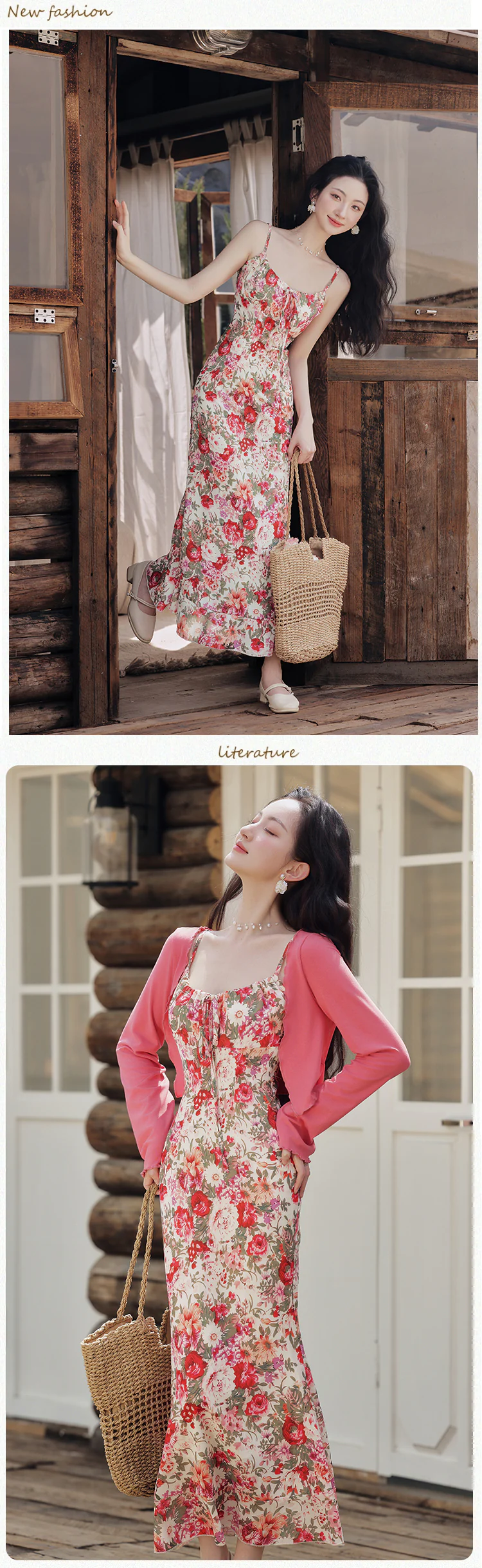 Chic-Boho-Vintage-Floral-Casual-Strap-Maxi-Dress-with-Pink-Cardigan-Set13